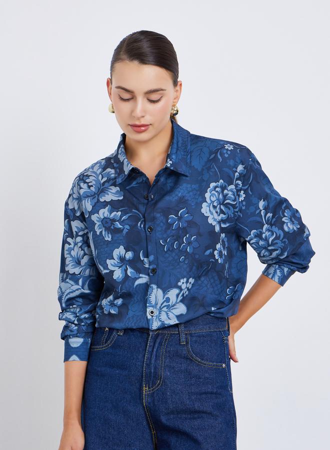 Styli Women Navy Floral Long Sleeve Shirt - Image 1